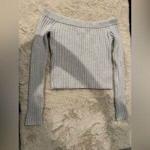 Aerie Light Gray Off-Shoulder Ribbed Sweater